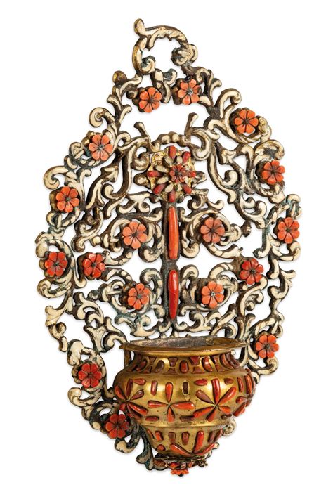 An Italian Gilt Copper Coral And Enamel Holy Water Stoup Trapani