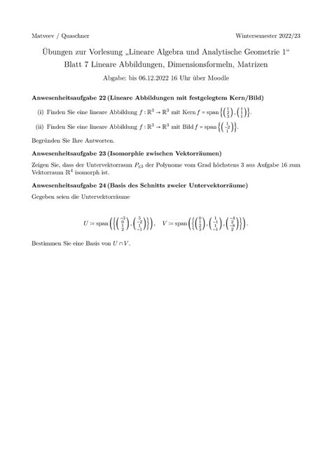 Lineare Algebra ÜB 7 Übungsblatt 07 von Prof Dr Matveev Matveev