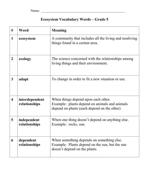 Ecosystem Vocabulary Words And Definitions