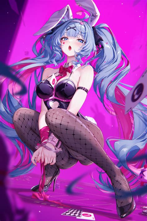 Mitsu Long Hair Looking At Viewer Bent Legs Open Mouth Bdsm Vocaloid Hatsune Miku Bunny