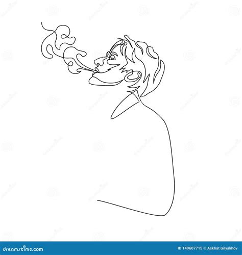 Continuous One Line Man Exhale Smoke Of Cigarette Art Stock Vector