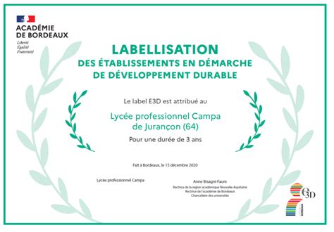 Labellisation des établissements en démarche de développement durable