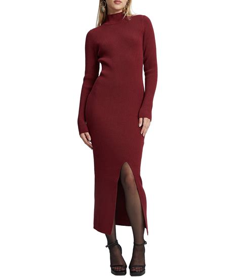 Bardot Tilda Ribbed Knit Turtleneck Long Sleeve Front Slit Midi Sweater