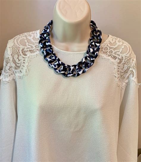 Navy And White Zebra Marbled Tortoise Chunky Chain Lucite Link Housewife Resin Statement