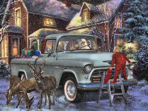 A Painting Of An Old Truck With Reindeers In Front Of It And A Man On A