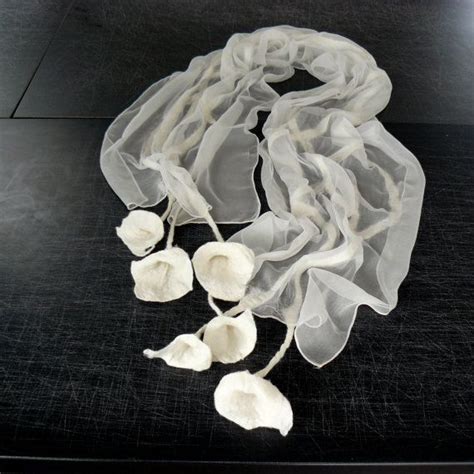 Nuno Felted Scarf Merino Wool Silk Floral Nuno Felting Shawl White