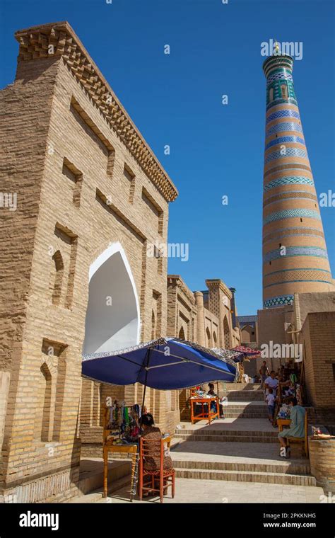 Shopping Street Islam Khoja Minaret In The Background Ichon Qala