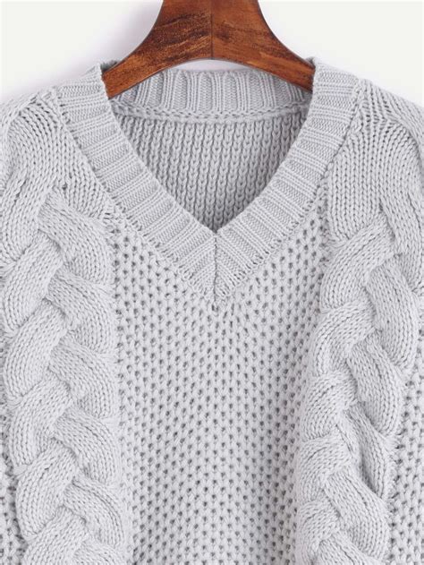 Grey V Neck Cable Knit Sweater Shein Sheinside