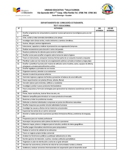Test Vocacional Escuela Villa Florida Pdf Ecuador Alimentos