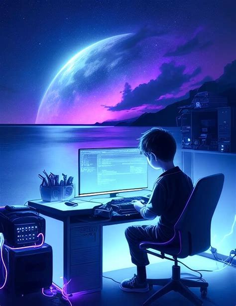Premium AI Image | A boy is sitting in front of the computer desk ...