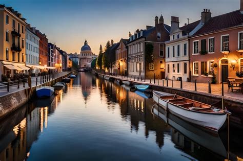 Premium AI Image A Boat Is Docked Next To A Row Of Boats On A Canal