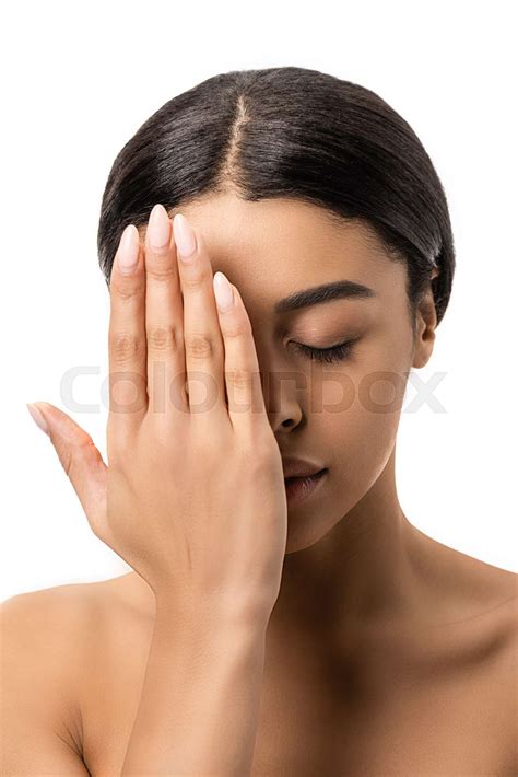 Naked Brunette African American Girl Closing Eye With Hand Isolated On