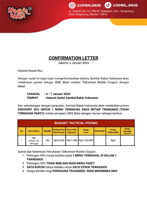 Confirmation Letter - SMS Blast 6-7 Januari | PDF