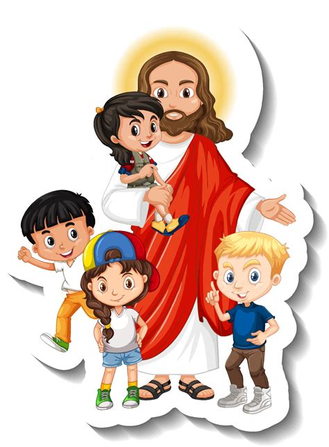 Jezus Christus Met Kinderen Groep Sticker Op Witte Achtergrond