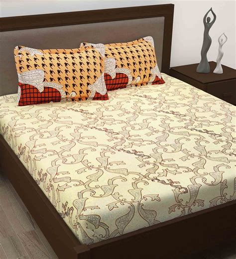 Buy Cream Abstract 186 Tc 100 Cotton Queen Sized Bed Sheets With 2