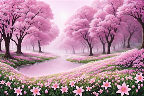 Premium AI Image | Pink trees and pink flowers landscape