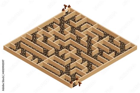 3d Maze, isometric labyrinth. Town or castle maze with walls and gates ...