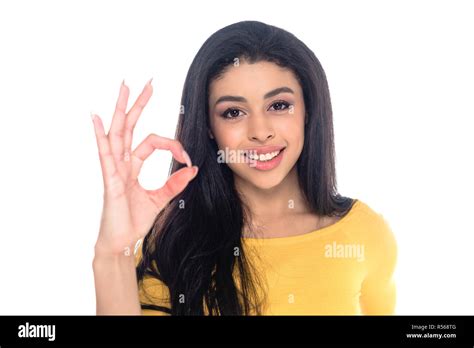 Happy African American Woman Showing Ok Sign And Smiling At Camera