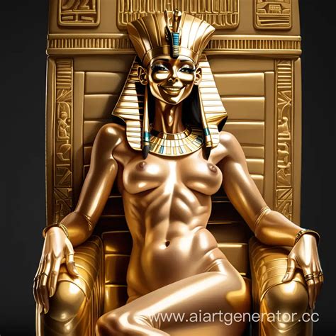 Golden Pharaoh Sarcophagus Nude Girl With Latex Skin Smiles In Egyptian Attire AI Art Generator