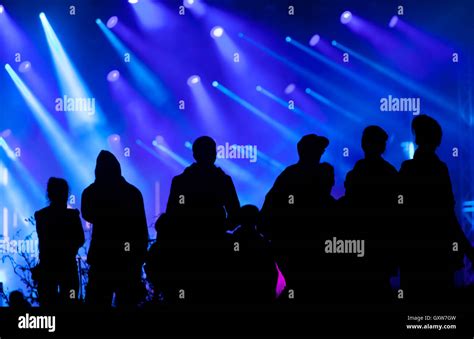 Cheering Crowd In Front Of Bright Colorful Stage Lights Stock Photo Alamy