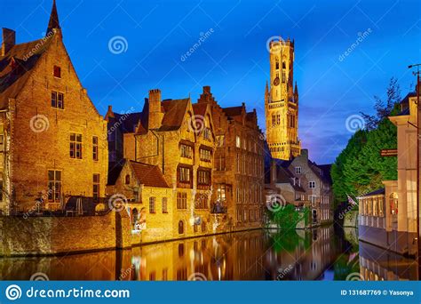 Bruges Belgium Evening Sunset With Blue Sky Stock Image Image Of