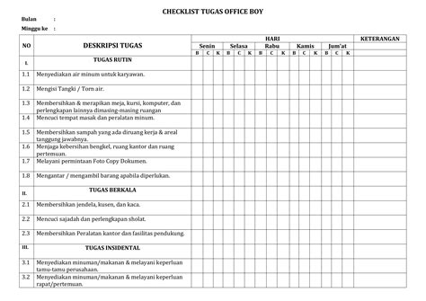 Form Checklist Checklist Kebersihan Ruangan Kantor Sekolah Berasrama