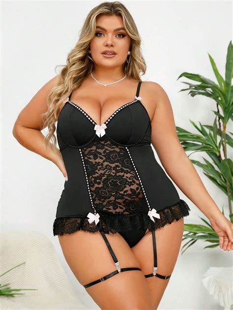 Plus Contrast Lace Bow Front Garter Bustier Set Shein Usa