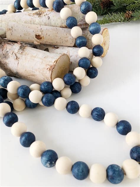 Blue Christmas Wood Bead Garland Farmhouse Christmas Bead Etsy Wood