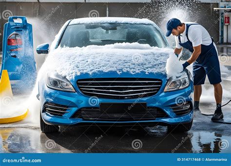 Car Washing With Foam And Water Washing A Car With High Pressure Water