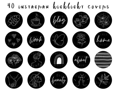 40 Line Art Instagram Highlight Cover Icons Boho Highlight Covers Black