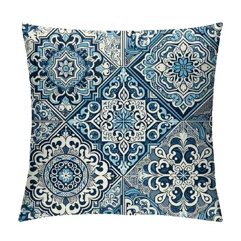 GOSMITH Tile Pillow Covers Blue And White Throw Pillow Cover Ceramic