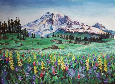 Mount Rainier Watercolor Print Wildflowers Of Mazama Ridge Etsy