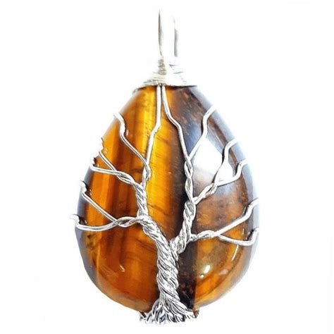 Pendentif goutte arbre de vie en oeil de tigre marron wrap argenté