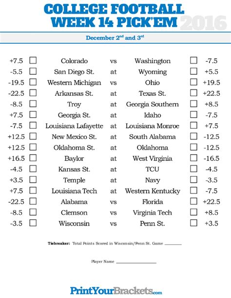 College Football Pickem Printable Sheets Printable Templates