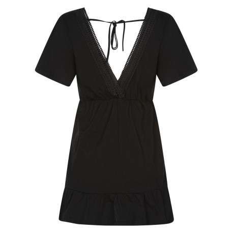 Robe Courte En Coton Noire Avec Une Coupe Babydoll Et Dos V En Dentelle