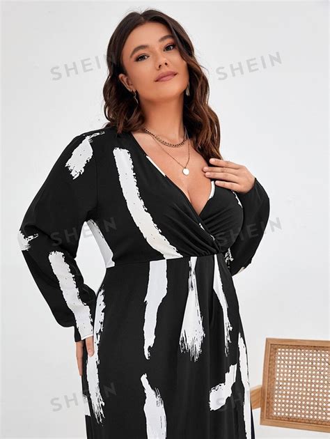 Shein Clasi Plus Brush Print Wrap Hem Dress Shein Usa