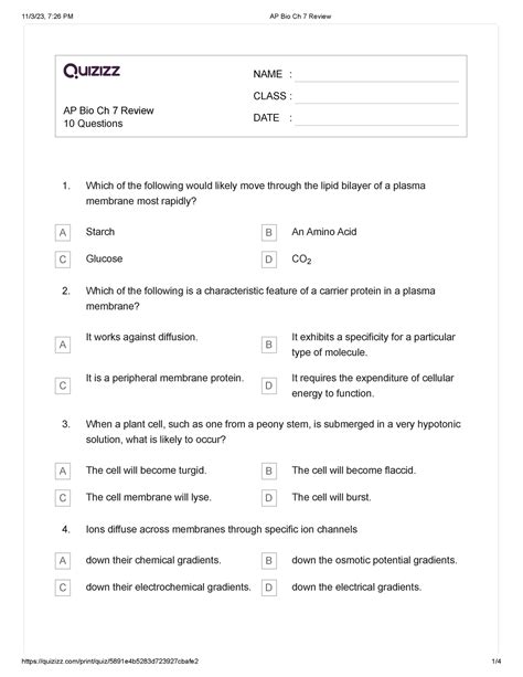 AP Bio Ch 7 Review - Question - AP Bio Ch 7 Review 10 Questions NAME