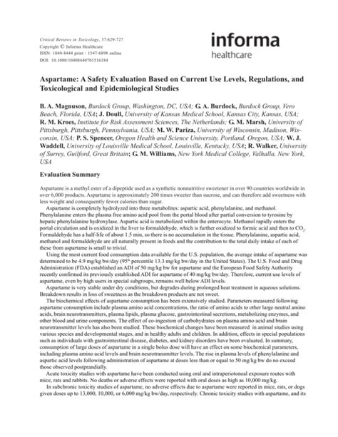 Aspartame A Safety Evaluation Based On Current Use Levels