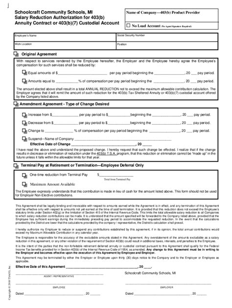 Fillable Online Salary Reduction Agreement For B Tsa With