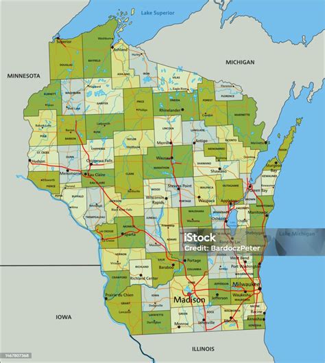 Highly Detailed Editable Political Map With Separated Layers Wisconsin Stok Vektör Sanatı And Abd