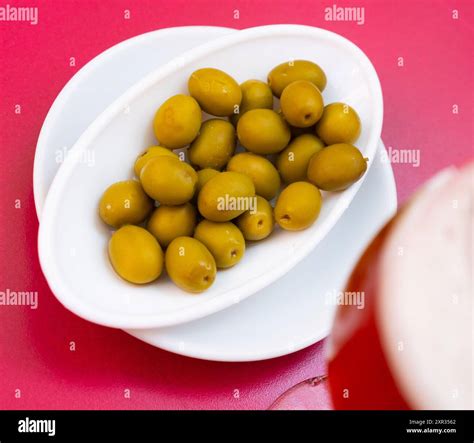 Glass Of Beer With Vegetable Antipasto Pickled Green Olives Stock Photo