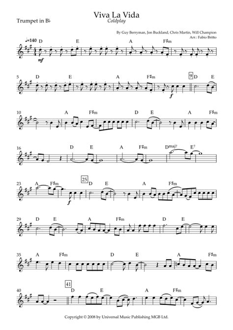 Viva La Vida Arr Fabio Britto By Coldplay Sheet Music For Trumpet