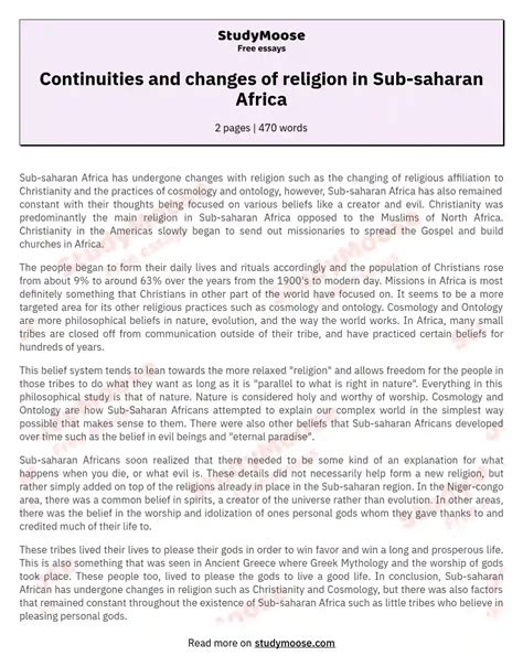 Continuities And Changes Of Religion In Sub Saharan Africa Free Essay