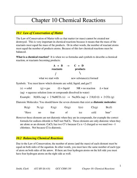 Ch 10 Chemical Reactions 1 Chapter 10 Chemical Reactions 10 Law Of Conservation Of Matter The