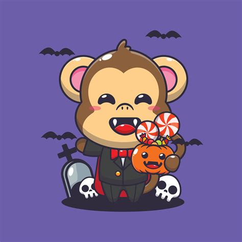 Vampire Monkey Holding Halloween Pumpkin Cute Halloween Cartoon