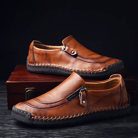 Mens Loafer Shoes Casual Lightweight Handmade Stitching Zipper Outdoor