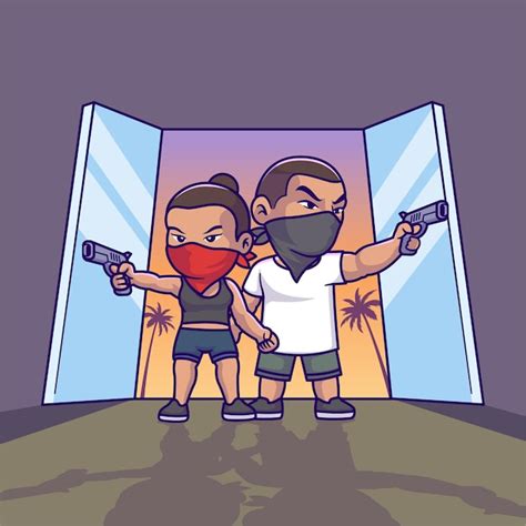 Free Vector Cute Man And Woman Thief Holding Pistol Gun Cartoon