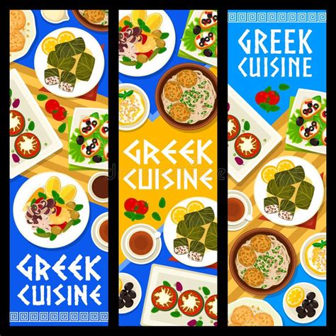 Greek Cuisine Vector Banners Greece Dishes Cards Stock Vector