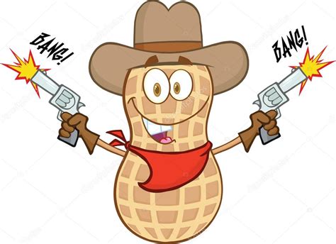 Smiling Peanut Cowboy Cartoon Character With Guns And Shooting — Stock Photo © HitToon #33303863