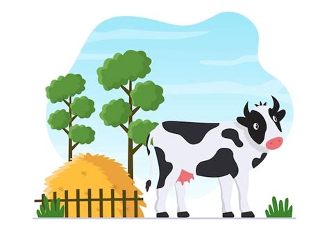 Premium Vector Dairy Cows Pictures With A View Of Meadow Or A Farm In